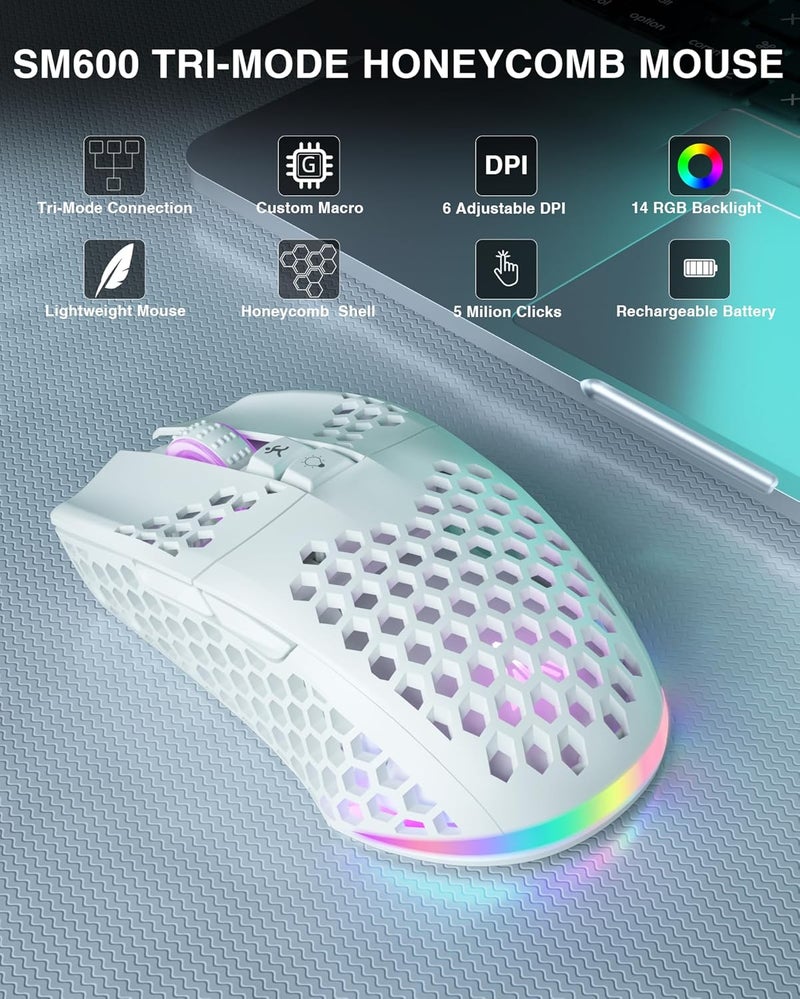SOLAKAKA SM600 White Wireless Gaming Mouse,Tri-Modes BT5.1/Type-C Wired/2.4G Wireless Mouse with 2 Side Buttons, Programmable Macro Gamer Mouse with RGB Light for Laptop/PC/Mac - Image 2